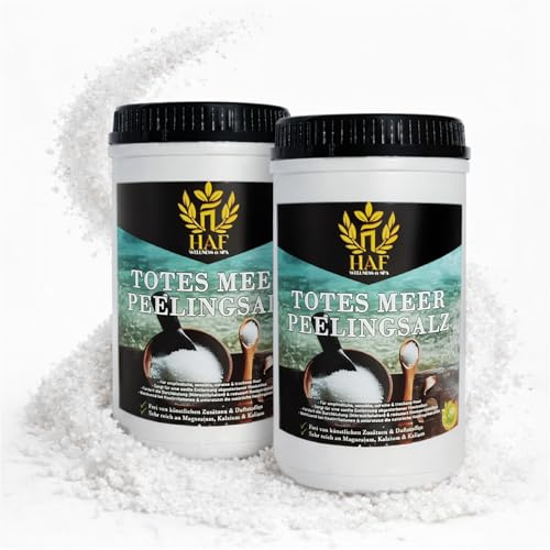 HAF® Premium döda havsskalningssalt för känslig och torr hud | 2 x 1 kg i burkar | saltpeeling 100 % naturlig ren från Jordanien för ansikte och kropp | kroppsskrubb för bastu, dusch och ångbad