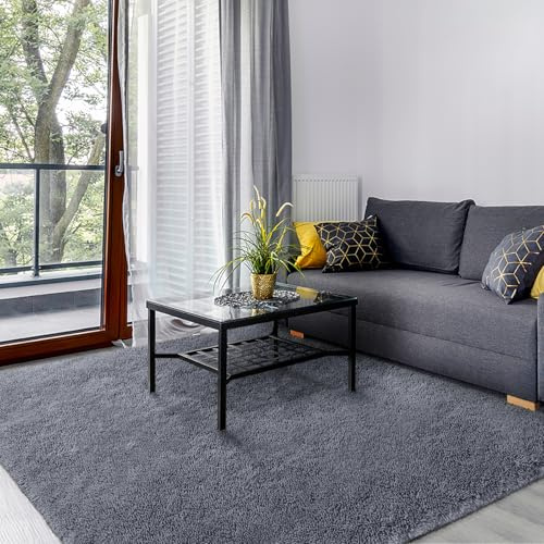SOANNY Tappeto Soggiorno a Pelo Lungo, Lavabile, Antiscivolo e Morbido, Tinta Unita, per Camera da Letto e Bambini, Scendiletto, 90x150 cm, Grigio