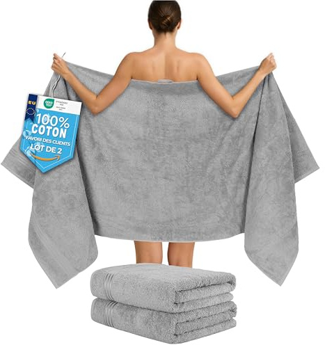 Hammetex Lot de 2 Très Grandes Serviettes de Bain et Sauna 80x200 cm, 100% Coton 500 GSM, Absorbantes, Séchage Rapide, Certifiées Oeko-TEX, Serviettes de Spa et de Sauna, Gris Clair