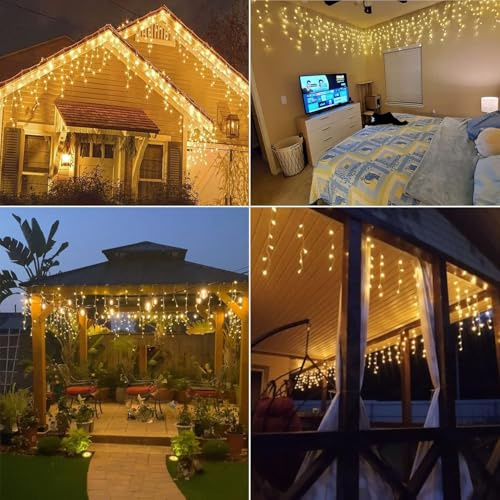 Homeleo Luces solares de carámbano, luces LED de color blanco cálido para decoraciones de Navidad al aire libre, cadena de luces de exhibición de Navidad, ventana, escritorio, casa, porche, jardín