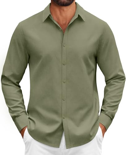 COOFANDY Camicia da Uomo in Cotone a Maniche Lunghe vestibilità Regolare Comoda Sportiva Elasticizzata Formale da Lavoro Verde Militare L