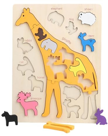 MotiveTech Puzzle in Legno Gioco di Incastri Set Prescolare E Tavola da Gioco Giocattolo Educativo per Il Riconoscimento delle Forme Adatto per Bambini, Giraffa