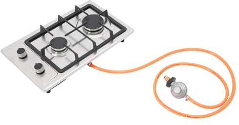 OUKANING Estufa de gas portátil de 2 quemadores, de acero inoxidable, con válvula reductora de presión y botón de seguridad, LPG/NG empotrable para autocaravana, cocina exterior, con estructura de