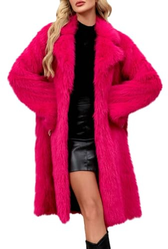 szvbofueck Women's Winter Coat Long Faux Fur Coat Lapel Faux Fur Jackets Long Sleeve Faux Fur Coat Knee-Length Plush Coat Fluffy Soft Cuddly Coat Aesthetic Thermal Jackets Plain Cardigan, hot pink