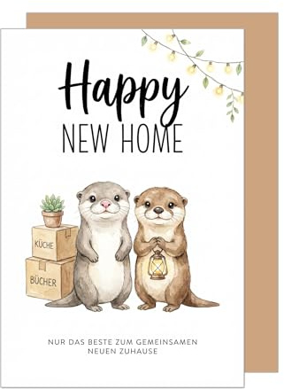 Édition Seidel carte de vœux premium pour nouveau chez soi avec enveloppe. Message bonne chance construction maison déménagement couple de loutres (NH125 SW026)
