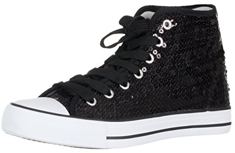 Brandsseller Damen Sneaker mit Pailletten und Glitzer - halbhoch mit Schnürsenkeln modisch bequem für Alltag & Party – Schwarz