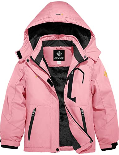 GEMYSE Chaqueta de Esquí Impermeable de Montaña para Niñas Abrigo de Invierno de Lana Antiviento con Capucha (Rosa,128-134)