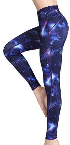 FLYILY Tryckta yogabyxor dam hög midja gym sport leggings magkontroll löpning träning kompression tights stretchmönstrade leggings, 2-bluesky, XL