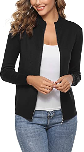 Aottori Damen Langarm Stehkragen Strickjacke Pullover Cardigan mit Reißverschluss Sweatshirt Casual Einfarbig Strickmantel Freizeit Jacket Outerwear Schwarz M