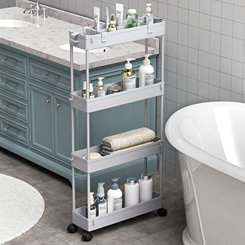 SAKA Slim Storage Cart,4 Tier Bathroom Rolling Utility Cart Storage Organizer Slide Out Cart, Mobile Shelving Unit Organizer Trolley for Office Bathroom Kitchen Laundry Room Narrow Places, Grey