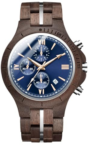 RORIOS Orologi in legno da uomo impermeabile analogico al quarzo cinturino in legno naturale cronografo orologio sportivo in legno per gli uomini, noce, bracciale, Noce, Bracciale