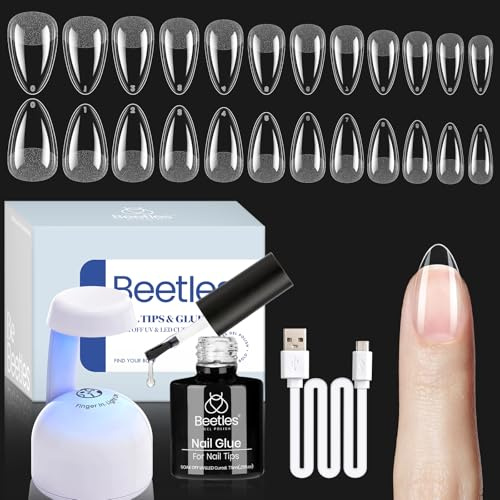 Beetles Nail Tips Kit Almond, 504pcs Uñas para Pegar Kit Easy Nail Extension Set Etch X Nail Tips para uñas de gel Cortas Medio Almond Medio Mate Nail Tips 5 en 1 Nail Glue UV LED Nail Lamp DIY
