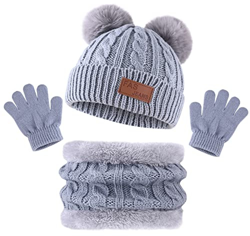 Bekecidi Barn Vinter Varm Hatt Halsduk Handskar Set, Varm Beanie Hatt Halsduk Handskar Set med Pompon Hatt Circle Scarf och Handskar för Pojkar och Flickor 1–5 år, Grå, one size