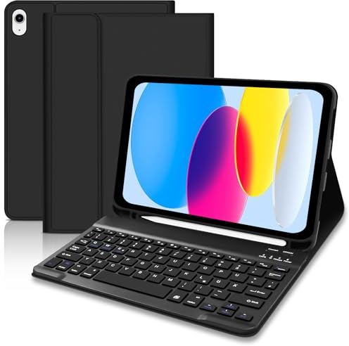 Hülle mit Tastatur für iPad 10 Generation 2022/ A16 11 Generation 2025 (10.9/11 Zoll), QWERTZ Layout Abnehmbare Kabellose Bluetooth Tastatur Hülle für iPad 11/10 Generation,Schwarz