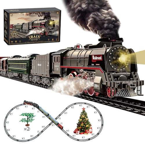 Hitish Train Set for Kids, Electric Train Toys with Realistic Light Sounds Smoke, Christmas Train Model Gifts for Toddlers Boys Girls, Steam Locomotive, Luxury Track & 2 Glowing Passenger Carriages