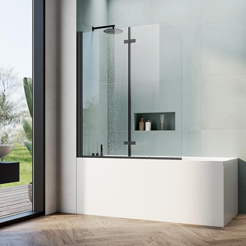 ELEGANT Bifold Bathtub Shower Door 47 W x 55 H, Frameless Tub Shower Door, 1/4 Tempered Glass, Bathtub Glass Panel in Matte Black