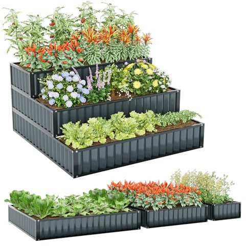COSTWAY Fioriera da Giardino Rialzato a 3 Livelli, Aiuola Elevata in Metallo con Base Aperta per Ortaggi, Frutta, Fiori ed Erbe, Orto Rialzato da Giardino, Patio e Cortile, 118 x 118 x 61 cm
