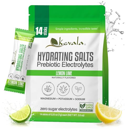 kevala Electrolytes Powder, Hydration Packets with Prebiotic Agave Inulin, Zero Sugar, Lemon Lime Flavor, 14 Count Pack, Hydrating Salts
