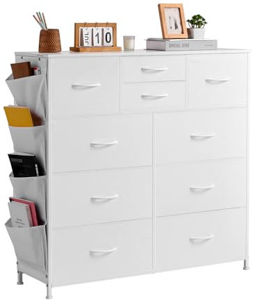VEVOR Kommode mit 10 Schubladen, Stoffkommode mit Stoffbehältern, Schrankschubladen mit leicht zu ziehendem Griff & stabilem Stahlrahmen, Stoffaufbewahrungsturm für Schlafzimmer Flur Schrank Weiß