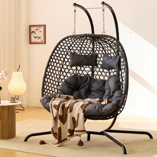 Double Hanging Swing Egg Chair with Stand, Hexagon Wicker Hammock Swing Chair for Outdoor Garden Patio, 2 Person Egg Chair with Foldable Loveseat Removable Cushions (Dark Grey)