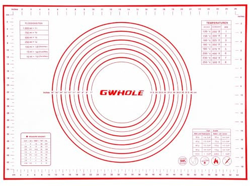 GWHOLE Tapis Silicone Patisserie Tapis de Cuisson en Silicone Anti-adhésif Rouge Tapis de Pâte avec Mesures 70 x 50 cm Pour Pâtisserie, Pizza et Biscuits