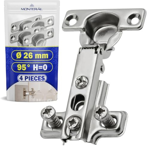 4 Pezzi Cerniera per Ante Cucina con Angolo di Apertura 95° - Dotata di Sistema Slide-On - Montaggio Cerniera per Mobili H=0 Ø 26 mm - Garanzia di 10 Anni - MONTERAL