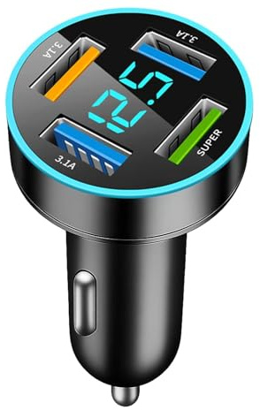 BOULESENM 66W Cargador Coche,4 Puertos Cargador Mechero con Voltímetro LED,Cargadors Mechero USB Carga Rapida,Cargadors Movil Coche Compatible con Varios Teléfonos Inteligentes Computadoras.