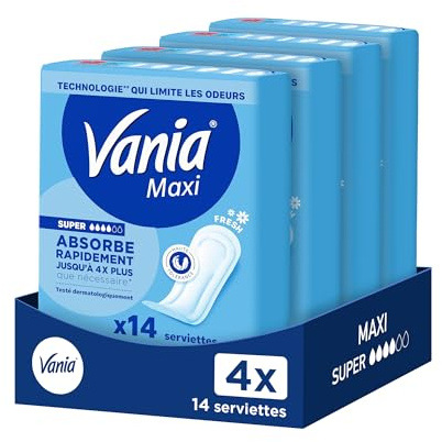 Vania – Serviettes Hygiéniques Maxi Super Fresh (lot de 4 x 14 pièces) – Serviettes à absorption rapide haute tolérance – Protection périodique avec forme anatomique et 4 barrières protectrices