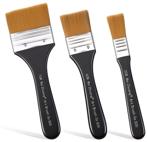 HJZHII 3 st. penselset akrylfärger, bred platt pensel 20/40/70 mm akvarell penslar set konstnärsborste målarborstar set platt penselset nylonborste målarborste för akryl akvarell olja och gouakemaleri
