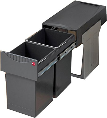 Hafele Hailo Pull Out Trash Can Organizer – Double 16 Qt Bins – 88 lb Weight Capacity – Heavy Duty Under Cabinet Waste Container – Grey Sliding Kitchen Garbage System