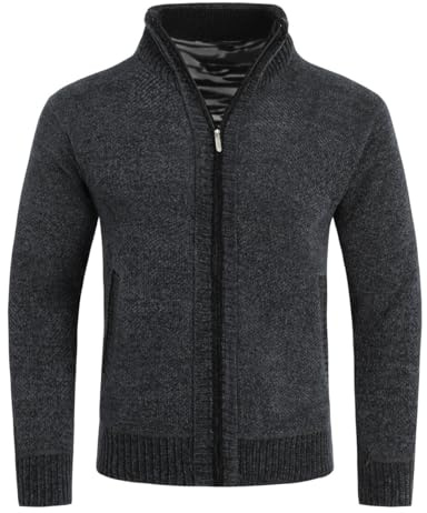 Allthemen Stickad cardigan för män, hel dragkedja, varm fleecefodrad tjock tröja, ståkrage, kappa, Mörkgrått, S