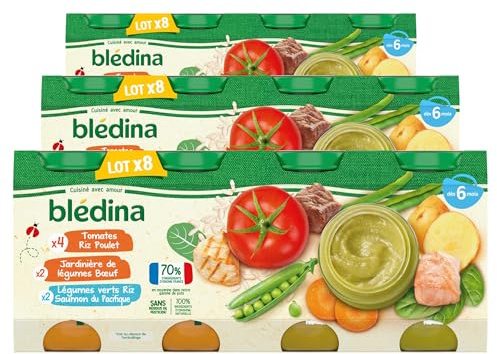 Blédina Petits Pots pour bébé, Dès 6 Mois, Tomates Riz Poulet / Légumes Bœuf / Légumes Riz Saumon, 200 g (Lot de 24)