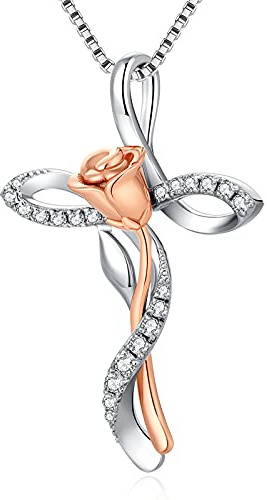 jiamiaoi Kette mit Kreuz Rosen Anhänger Kette Rosen Blume Halskette Kreuz Damen Kreuz Kette Silber 925, Kreuz Kette Rose Anhaenger,Rosa Baumanhänger Damen Silberkette mit Anhänger Kreuz