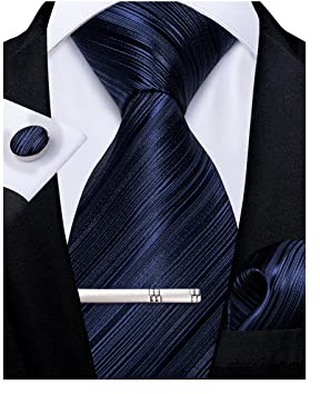 DiBanGu Cravatta da uomo tinta unita in seta a righe a quadri cravatta fazzoletto gemelli fermacravatta set formale business matrimonio, Stripe Blu Navy, Taglia unica
