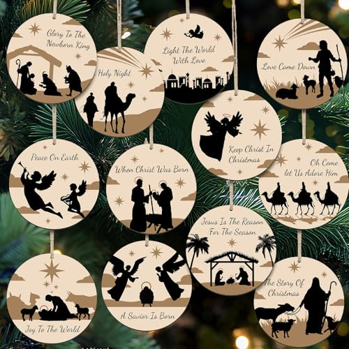 Chunful 48 Pieces Christmas Nativity Ornaments Wooden Christian Religious Faith Jesus Tree Ornaments Xmas Decoration Nativity Manger Scene Hanging Ornament Gift Set for Family Xmas Tree(Vibrant Style)