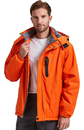 Kugnala Men's Winter Skiing Jacket Waterproof Warm Snow Fleece Lining Coat Mountain Windbreaker Hooded Windproof Rain Jacket Orange 3XL