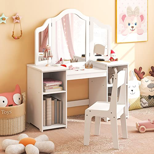 DREAMADE 2 in 1 Kinder Schminktisch mit Hocker und abnehmbarem Spiegel, Prinzessin Frisiertisch mit 4 offenen Ablageflächen, Kinderschminktisch für Kinder Mädchen (Weiß-mit Hocker ohne Box)