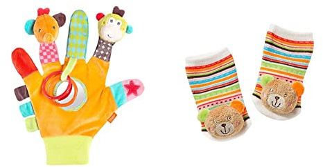 Fehn Spielhandschuh Safari – Fingerpuppen Baby Spielzeug AFFE und Elefant & Fehn 091519 Rasselsöckchen Teddy/Activity-Babysöckchen mit niedlichen Tier-Köpfchen, für Babys von 0-12 Monaten