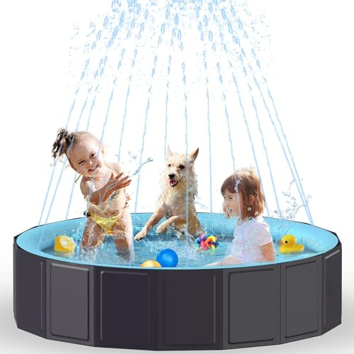 Rywell Hundpool, Hundpool med Sprinkler – 160x30 cm Plaskdamm för Hundar – Hopfällbar Simbassäng för Husdjur ,Halkfritt Badkar för Hundar