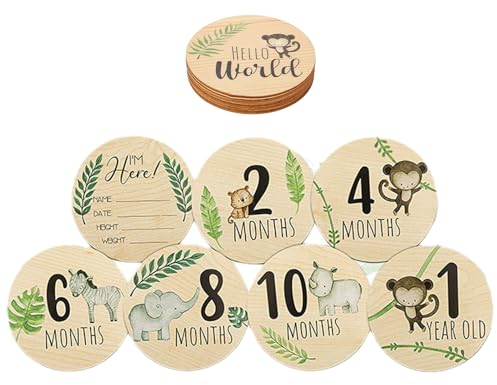 TuoYi 7 Stück Holz Baby Monatliche Meilensteinkarten mit Ankündigungsschild, Safari Tiere Schwangerschaft und Babyparty Registry Geschenke, Neugeborene Fotografie Requisiten und Baby Geburt Zeichen