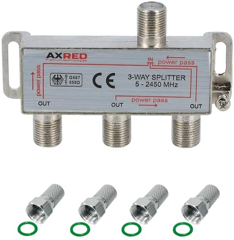 AXRED Sat Verteiler 3fach + 4X Anadol F-Stecker, für Verteilung von 1 Antennensignal auf 3 Endgeräte (Receiver/Fernseher/UKW Radio) 3-Fach Satverteiler Sat Splitter Satswitch Antennenverteiler