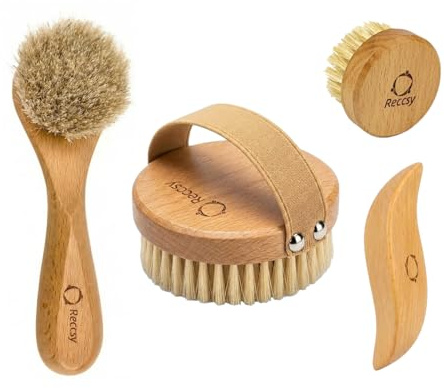 Reccsy 4-Piece Lymphatic Dry Body and Face Brush Set with Wood Gua Sha