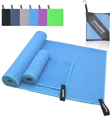 Leeyunbee Mikrofaser Handtuch 2er Set - 160 x 80 cm Badetuch Groß + 80 x 40 cm Klein Handtuch, Schnelltrocknend Sporthandtuch, Kompakt Microfaser Handtücher, als Reisehandtuch, Strandtuch (Blau)