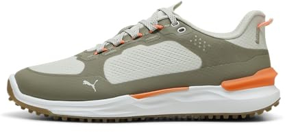 Puma Ignite Elevate X Menās Golf Shoes ā Spikeless Golf Shoes for Men with Waterproof Exoshell, Ignite Foam Cushion & Grip, Sedate Gray-Velvet Moss-Fluro Orange PES, 13