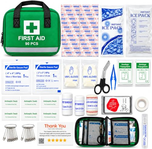 First Aid Kits, 90-93 Pieces Home First Aid Emergency Kit | Includes Lightweight Refill Reflective Bag with Eyewash, Ice Packs, Emergency Blanket for Travel, Home, Office & Outdoor