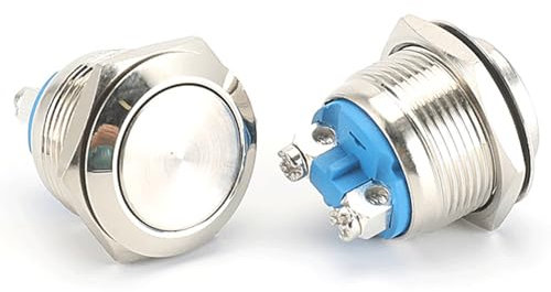 Powice Lot de 2 boutons poussoirs étanches - 16 mm - En acier inoxydable - 5 A/12 V/24 V/125 V/250 V - Convient pour les voitures, les systèmes d'allumage, les sonnettes de porte (tête plate)