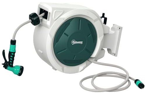 Outsunny Retractable Hose Reel Wall Mounted, 20+2m Garden Hose Pipe Reel with Lock, Auto Rewind, 7 in 1 Spray Nozzle, Includes Wall Fixings, 180° Swivel, Outdoor Watering, 48 x 20 x 42 cm, Light Grey