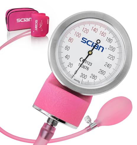 SCIAN Manual Blood Pressure Cuff - Sfigmomanometro aneroide con bracciale europeo (22-42 cm) e anello a D, con custodia per il trasporto, per infermieri, medici, anziani, adulti（rosa）