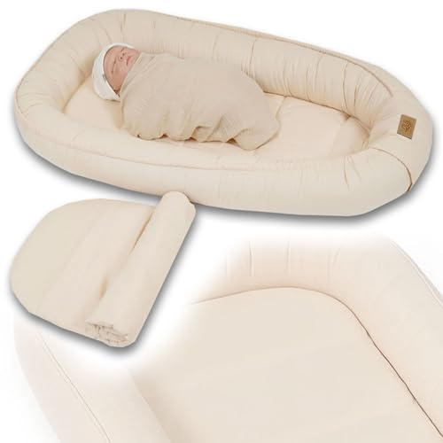 PaLulli® Cale-bébés Nid extra large 100 x 60 cm - Avec insert amovible en coton - Nid douillet réversible pour bébé - Fabriqué à la main, respirant et sûr (beige)