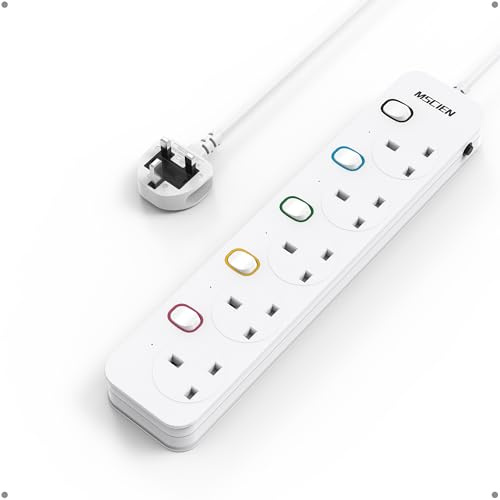 Mscien Extension Lead 2M 5 Way, Wall Mounted, Individual Switches, 13A | Overload Protection, Multiple Protections, Fused, 13A, 3250W, Safety Door, Flame Retardant, Wide Socket Space, LED Indicators